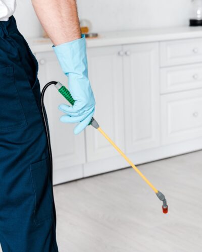 cropped view of exterminator in uniform holding spray with pesticide near kitchen cabinet